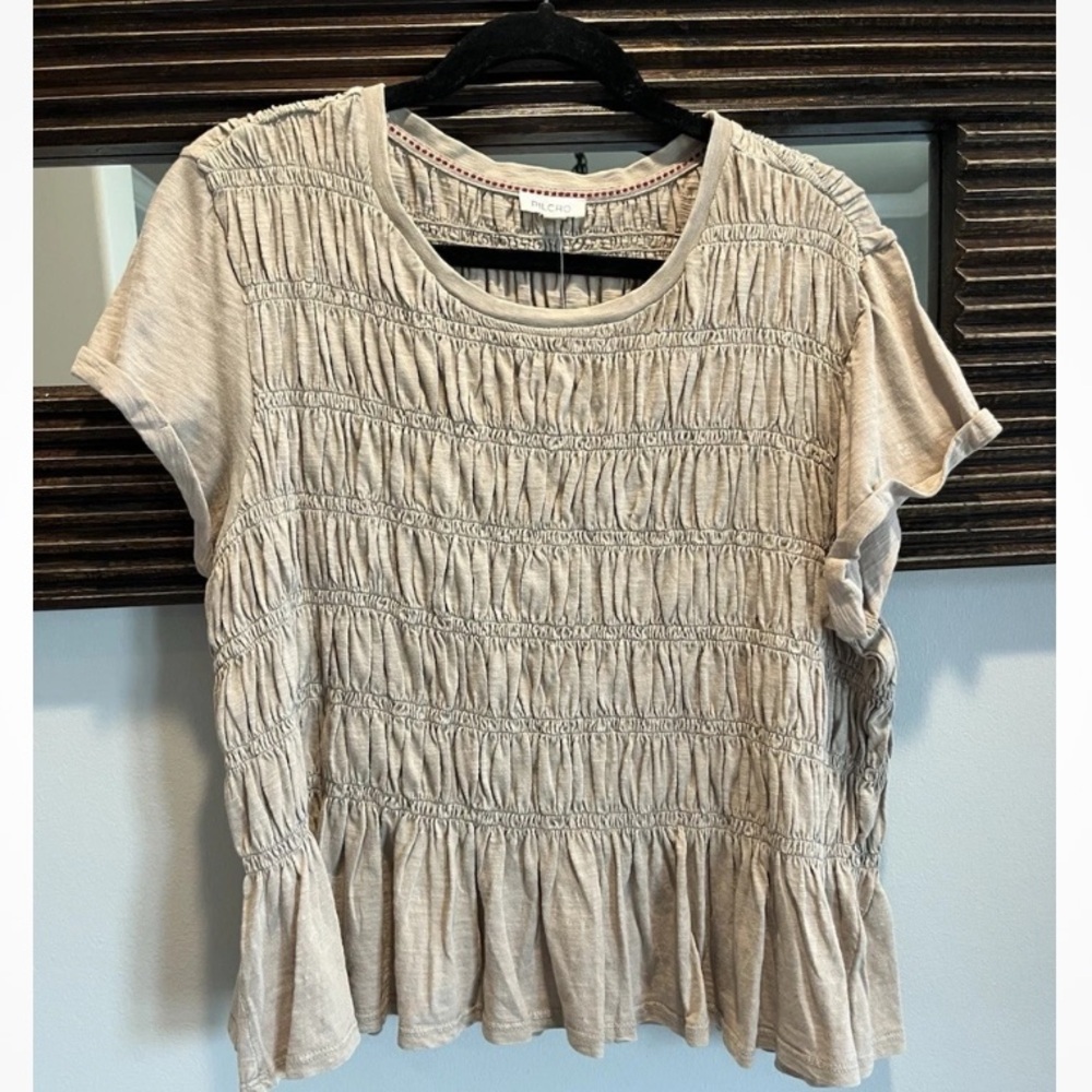 Anthropologie Tabby Ruched Cap-Sleeve Tee by Pilcro Taupe XL New